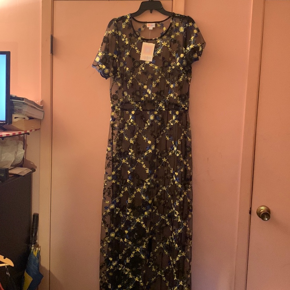 XL LuLaRoe black sheer DeAnne 2 dress with blue and gold flowers